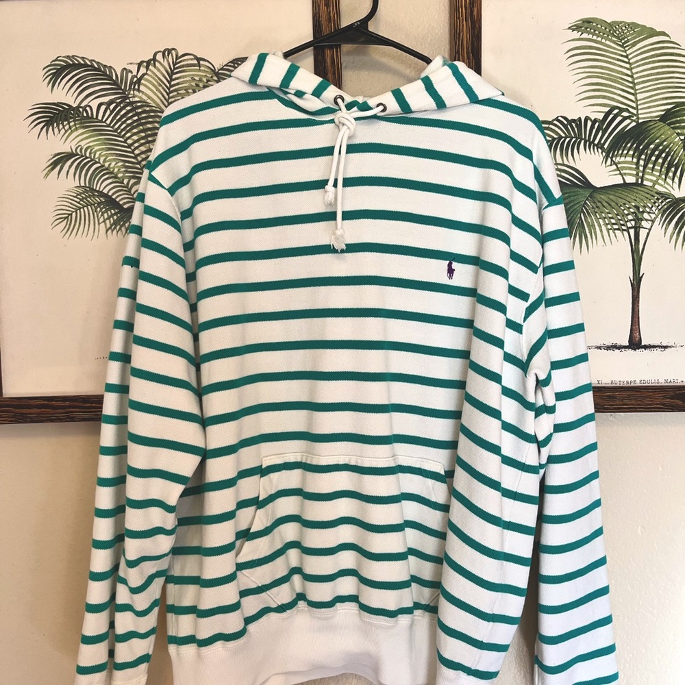 Large white Ralph Lauren hooded sweatshirt with green stripes, embroidered logo